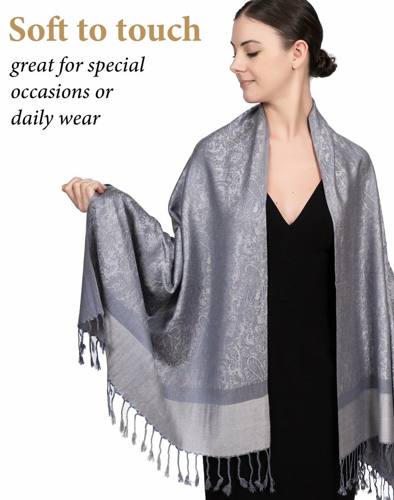 Achillea Women's Two Tone Vintage Jacquard Paisley Pashmina Shawl Wrap Scarf (Oxford Grey) - Image 2